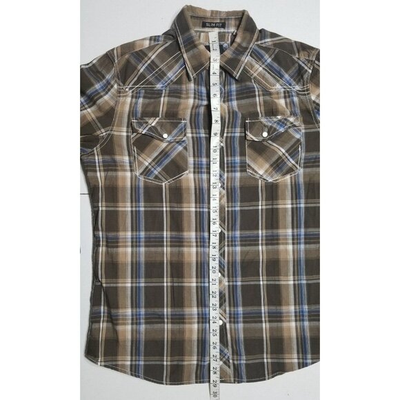 Various Artists Long Sleeve Front Snap Brown Plaid Western Shirt Mens M Slim Fit - Picture 3 of 15